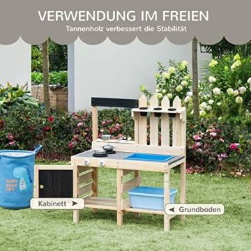 Outsunny Matschküche Outdoor Sandspieleset aus Holz Gartenküche Spieltisch Sand mit Pflanztöpfe Edelstahl Zubehör Spielzeugset Spielzeugküche für 3-7 Jahre 81,5 x 46 x 102,5 cm - 7