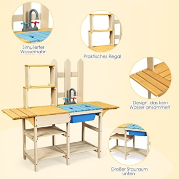 DREAMADE Matschküche aus Tannenholz, Outdoor-Küche mit Wasserhahn & Ablage, Spielzeugküche, Holzküche, Spielküche für draussen, für Kinder ab 3 Jahren, Kinderspielküche Kinderküche - 3