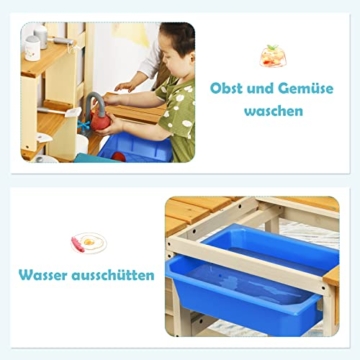 DREAMADE Matschküche aus Tannenholz, Outdoor-Küche mit Wasserhahn & Ablage, Spielzeugküche, Holzküche, Spielküche für draussen, für Kinder ab 3 Jahren, Kinderspielküche Kinderküche - 4
