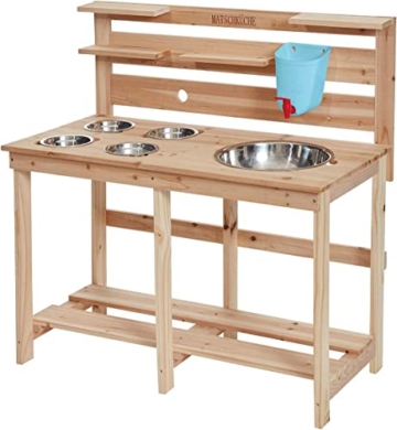 TollesfürKinder Matschküche Kinder Outdoor Holz mit Wassertank, Durchlass Gartenschlauch & 5 Edelstahl Schüsseln, Vollmassive Kindermatschküche Draußen, Nachhaltig, Für Kinder ab 3 Jahren - 1