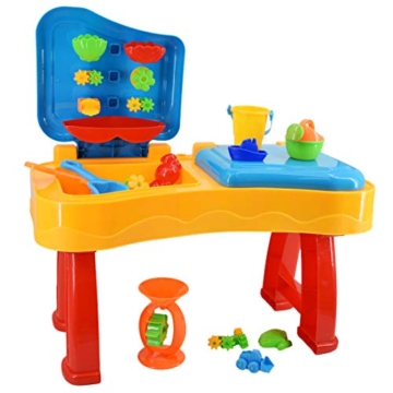 deAO Wasser- und Sandspieltisch für Kinder, Outdoor-Tisch mit Doppelfächern, enthält viele Zubehörteile und Spielzeugdeckel für Jungen und Mädchen - 4