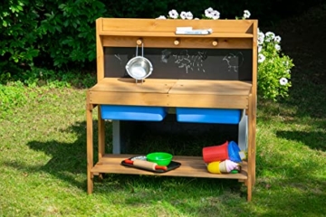 dobar 94368FSCe Kinder Matsch-Küche - Matschtisch aus Holz - Kinder Spielküche mit 2 separaten Behältern - Outdoor Spieltisch mit Tafel - 89 x 34 x 88 cm - Braun - 6