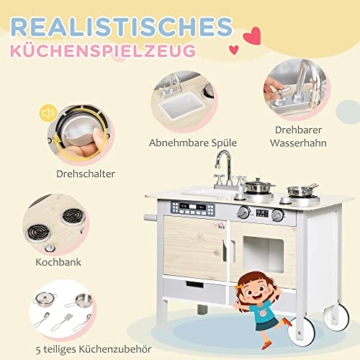 HOMCOM Kinderküche mit Rollen Spielküche Küchenwagen für Kinder mit 2 Töpfen Spüle Kochbank Schränke 5 Stück Küchenzubehör Naturholz+Grau 70 x 40 x 66,5 cm - 4