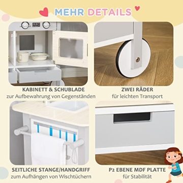 HOMCOM Kinderküche mit Rollen Spielküche Küchenwagen für Kinder mit 2 Töpfen Spüle Kochbank Schränke 5 Stück Küchenzubehör Naturholz+Grau 70 x 40 x 66,5 cm - 5