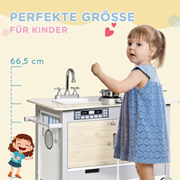 HOMCOM Kinderküche mit Rollen Spielküche Küchenwagen für Kinder mit 2 Töpfen Spüle Kochbank Schränke 5 Stück Küchenzubehör Naturholz+Grau 70 x 40 x 66,5 cm - 6
