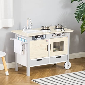 HOMCOM Kinderküche mit Rollen Spielküche Küchenwagen für Kinder mit 2 Töpfen Spüle Kochbank Schränke 5 Stück Küchenzubehör Naturholz+Grau 70 x 40 x 66,5 cm - 7